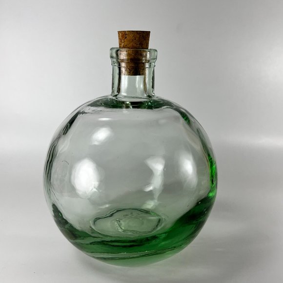 Hand Blown Round Glass Bottle Jug Decanter Green Hue Decorative Vtg Retro Look - Picture 2 of 8